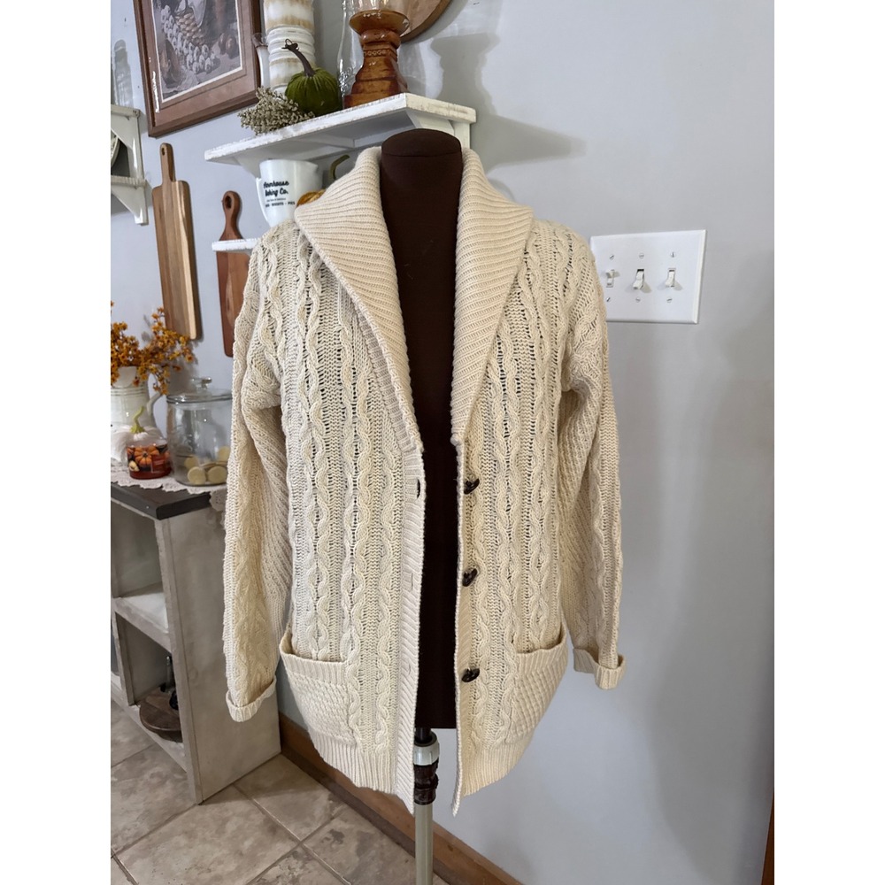 Chunky Cardigan women's Size M Cream Excellent Cable Knit Shawl Collar Sweater